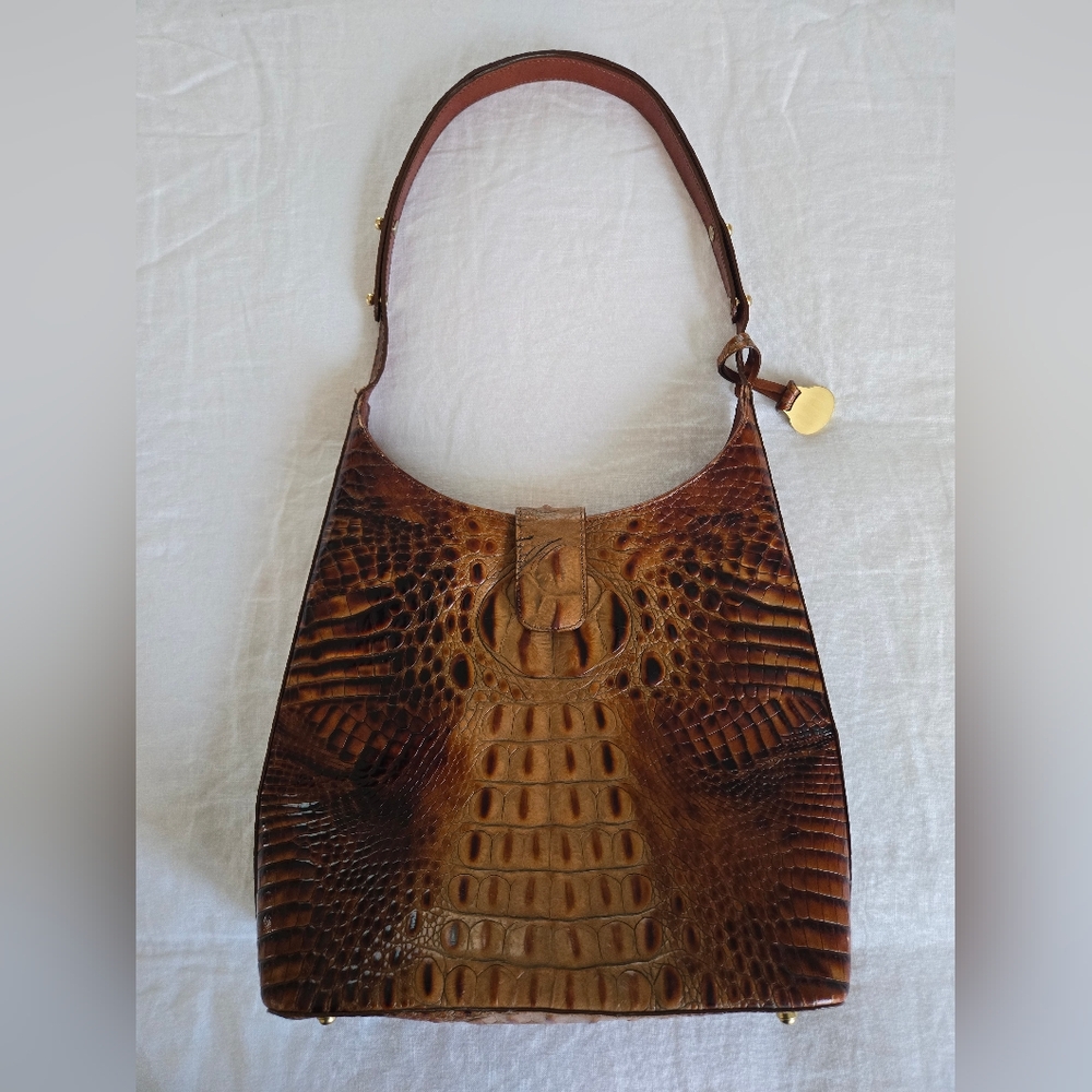 Brahmin Brown Croc-Embossed Shoulder Bag with Gold Accent